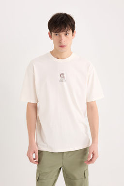 %100 Pamuk Boxy Fit Bisiklet Yaka S_rt Bask_l_ K_sa Kollu Ti__rt - Defacto фото 3