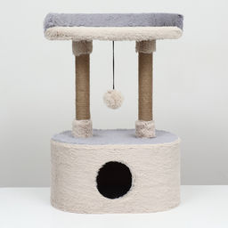 Домик для кошек с когтеточкой, с овальной полкой, 54 х 34 х 80 см, пушистый мех, джут, серый - Пижон фото 11