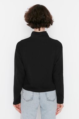 Siyah Selanik/Triko Gorunumlu Fermuarl? Yaka Regular/Normal Kal?p Orme Sweatshirt TWOAW22SW0732