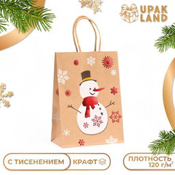 Цена за 6 шт. Пакет бумажный подарочный новогодний крафт с тиснениемСнеговик , 15?21?8 см
