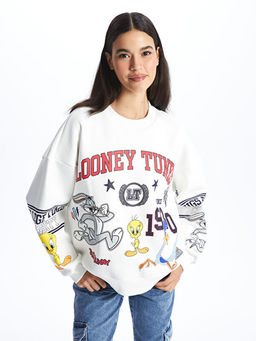 Bisiklet Yaka Bugs Bunny Bask?l? Uzun Kollu Oversize Kad?n Sweatshirt