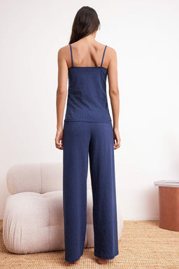 Lacivert Puantiyeli Buzgulu On Detayl? Pamuklu Yumusak Tuse Orme Pijama Tak?m? THMSS26PT00117