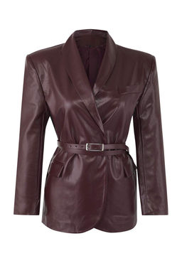 Bordo Kemerli Kruvaze Kapamal? Suni Deri Dokuma Blazer Ceket TWOAW26BC00002 - Trendyolmilla фото 5