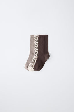 PACK TRES CALCETINES LARGOS ANIMAL PRINT / Beige claro