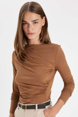 Slim Fit Dar Kesim Kay?k Yaka Basic Duz Uzun Kollu Bluz - Defacto фото 2