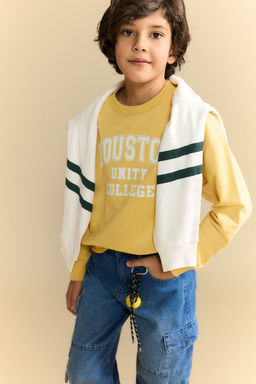%100 Pamuk Oversize Geni_ Kal_p Bask_l_ Sweatshirt Erkek _ocuk