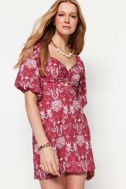 Bordo Duz Kesim Mini Pamuklu Kalp Yaka Desenli Dokuma Elbise TWOSS23EL00284 - Trendyolmilla фото 3