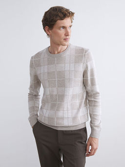 B?y?k Beden Bisiklet Yaka Uzun Kollu Ekose Erkek Triko Kazak