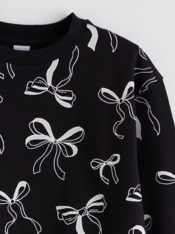 Bisiklet Yaka Fiyonk Desenli K?z ?ocuk Sweatshirt