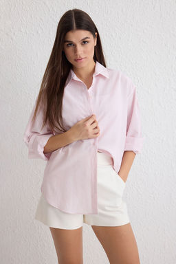 Ac?k Pembe Basic Cizgili Oversize Genis Kal?p Dokuma Gomlek TWOSS23GO00144