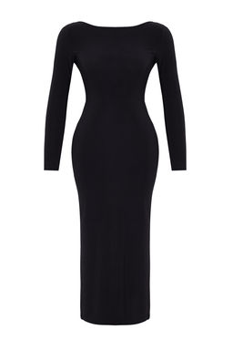 Trendyolmilla Siyah Kay?k Yaka S?rt Dekolteli Y?rtmacl? Fitted/Vucuda Oturan Maxi Esnek Orme Elbise TWOAW24EL00824 фото 7