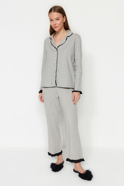 Gri Melanj F?rf?rl? Biyeli Gomlek-Pantolon Orme Pijama Tak?m? THMAW24PT00007