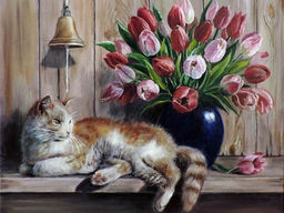 Вышивка крестиком 40х50см, Кот и тюльпаны
