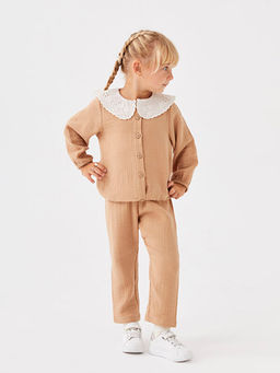 Bebe Yaka Uzun Kollu Pamuklu K?z Bebek Bluz ve Pantolon 2li Tak?m