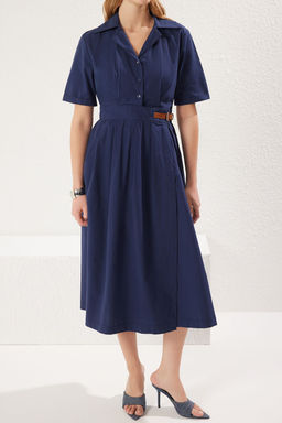 Trendyolmilla Lacivert A- Kesim Pili Ve Kemer Detayl? Poplin Astarl? Midi Dokuma Elbise TWOSS25EL00060 фото 8