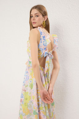 Lacivert Cicekli Etegi Belden Ac?lan F?rf?rl? Astarl? Sifon Midi Ucus Ucus Elbise TWOSS25EL00621 - Trendyolmilla фото 7