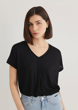 V Yaka Siyah Basic Viskoz Tisort - Mavi фото 2
