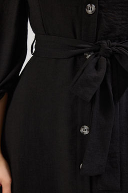 TRENDYOLMILLA Ekru Kusakl? Midi Dugmeli Kare Yaka Dokuma Keten Gorunumlu Elbise TWOSS19IE0009  фото 3