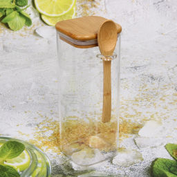 Банка для продуктов стеклянная 850мл "Хай-Тек" с бамбуковой крышкой и ложкой, квадратная 8*20см