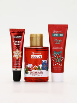Подарочный набор новогодний: гель для душа, крем для рук, бальзам для губ, маска для сна, URAL LAB