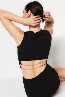 Siyah Zincir Detayl? Fitted/Vucuda Oturan Crop Bisiklet Yaka Fitilli Esnek Orme Bluz TWOSS23BZ00567 - Trendyolmilla фото 2