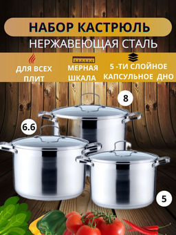 Набор посуды нерж. "Kelli" 6 пр со стекл. крышками, арт. KL-4217