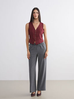 V Yaka %100 Keten Kad?n Klasik Yelek