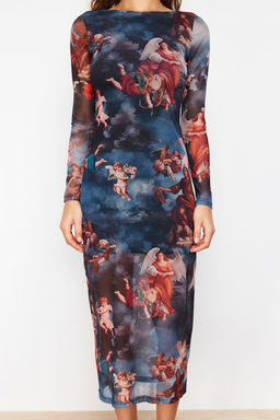 TRENDYOLMILLA Cok Renkli Bisiklet Yaka Bask?l? Astarl? Vucuda Oturan Tul Midi Orme Orme Elbise TWOAW24EL00605 фото 3