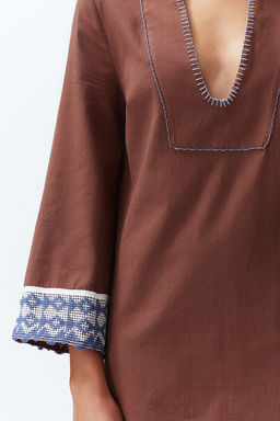 KahverengI Mini Dokuma Serit Aksesuarl? %100 Pamuklu Plaj Elbisesi TBESS24EL00094