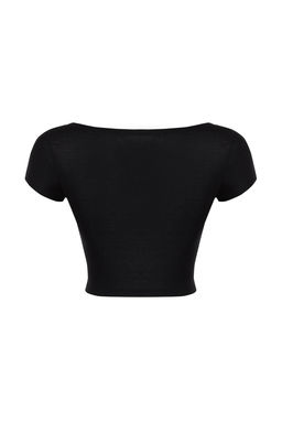 Siyah Bisiklet Yaka Ay Kol Fitted/Vucuda Oturan Crop Orme Bluz TWOSS24BZ00446