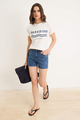 Ekru Bask?l? Regular Bisiklet Yaka Standart Kol K?sa %100 Pamuk Orme T-Shirt TWOSS26TS00212 - Trendyolmilla фото 2