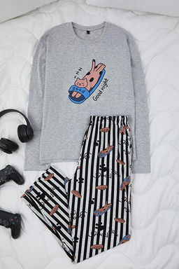 Gri Melanj Regular Fit Kedi Bask_l_ Pamuklu _rme Pijama Tak_m_ TMNAW26PT00046