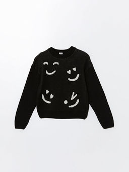 Bisiklet Yaka Desenli Uzun Kollu K?z ?ocuk Triko Kazak