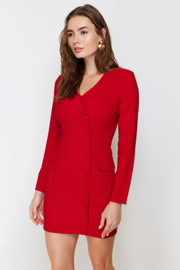 K?rm?z? Cep Detayl? Dugmeli V Yaka Dokuma Ceket Elbise TWOAW24EL00629 - Trendyolmilla фото 7