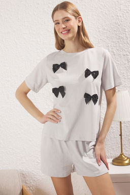 Trendyolmilla Antrasit 100% Pamuklu Kurdele/Fiyonklu Sortlu Orme Pijama Tak?m? THMSS25PT00376