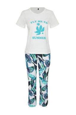 Trendyolmilla Beyaz-Cok Renkli %100 Pamuklu Cicekli Orme Pijama Tak?m? THMSS24PT00322