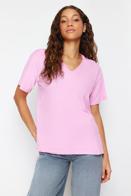 TRENDYOLMILLA Ekru %100 Pamuk Oversize/Genis Kal?p V Yaka Orme T-Shirt TWOSS23TS00003 фото 3