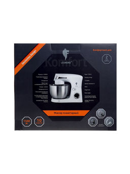 Миксер планетарный Leonord LE-1778, 1500 Вт, 10 скоростей, 3 насадки, чаша 3 л, белый