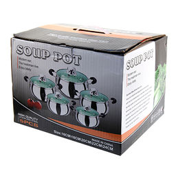 "Яблоко" Набор кастрюль из нержавеющей стали 5 штук: 16х9см 1,8л; 17,5х9,5см 2,4л; 19,5х10,5см 3,2л; 21х11см 4л; 23х12,3см 5,2л, крышки стеклянные, ручки нержавеющая сталь, матовые, сферическая форма, с теплораспределительным дном 0,5см, цветная коро