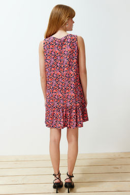 TRENDYOLMILLA Indigo Cicek Bask?l? S?f?r Kol Volanl? Shift/Duz Mini Esnek Orme Elbise TWOSS22EL0794  фото 16