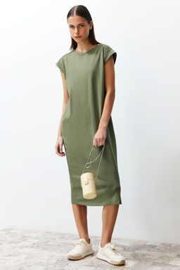 Haki Duz T-shirt Elbise %100 Pamuk Ay Kol Shift/Rahat Kesim Midi Midi Elbise TWOSS24EL00126