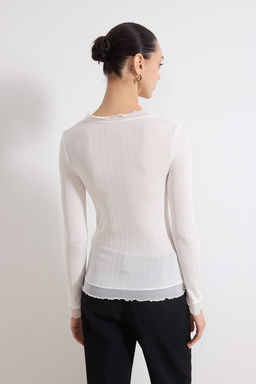 Ekru Transparan Fitted/Vucuda Oturan Uzun Kollu Volanl?/F?rf?rl? Dokulu Orme Bluz TWOSS26BZ00201 - Trendyolmilla фото 4