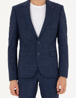 Lacivert Slim Fit Y_n Keten Kar___ml_ Tak_m Elbise