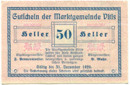 50 геллеров 1920 года Австрия Витис (нотгельд)