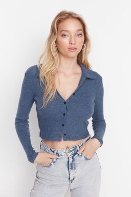Indigo Dugme Detayl? Vucuda Oturan Crop Polo Yaka Fitilli Esnek Orme Bluz TWOAW22BZ0522