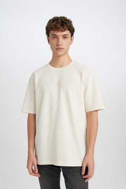 Boxy Fit Bisiklet Yaka Bask?l? K?sa Kollu Ag?r Kumas Tisort - Defacto фото 2