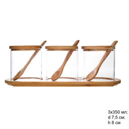 Набор банок для специй 3шт 350мл. на подставее с бамбуковой крышкой и ложками арт. GT-35-28 (678604)
