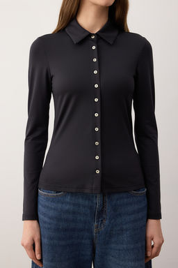 Trendyol Studio Collection Siyah Polo Yaka Full Dugmeli Vucuda Oturan Esnek Orme Bluz TWOAW26BZ00276 - Trendyolmilla фото 3