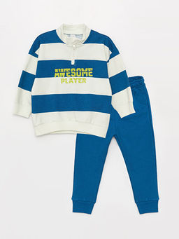 Dik Yaka Bask?l? Uzun Kollu Erkek Bebek Sweatshirt ve E?ofman Alt? 2li Tak?m