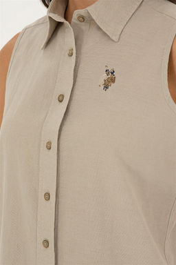 U. S. Polo Assn / Женская льняная рубашка светло-хаки с коротким рукавом - U.s. polo assn фото 7